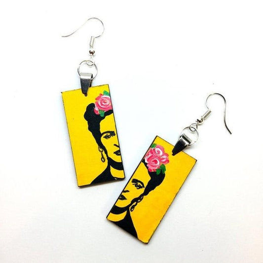 Frida Earrings Jewelry Frida Inspired Earrings Stencil ArtWear Wearable Art Mexican Jewelry Women Dangle Drop Earrings Hand Painted Yellow