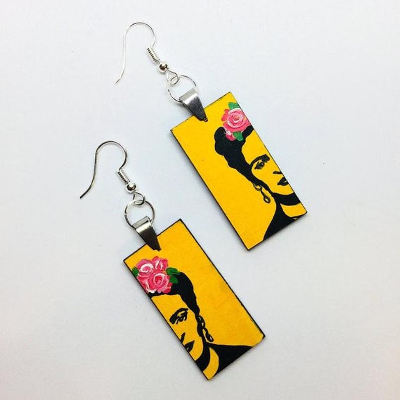 Frida Earrings Jewelry Frida Inspired Earrings Stencil ArtWear Wearable Art Mexican Jewelry Women Dangle Drop Earrings Hand Painted Yellow