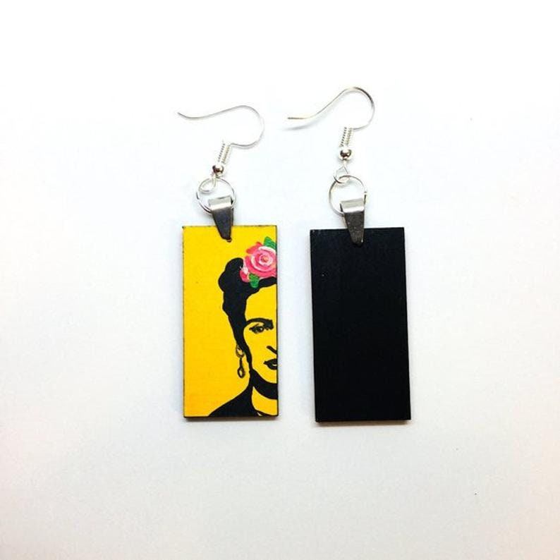Frida Earrings Jewelry Frida Inspired Earrings Stencil ArtWear Wearable Art Mexican Jewelry Women Dangle Drop Earrings Hand Painted Yellow