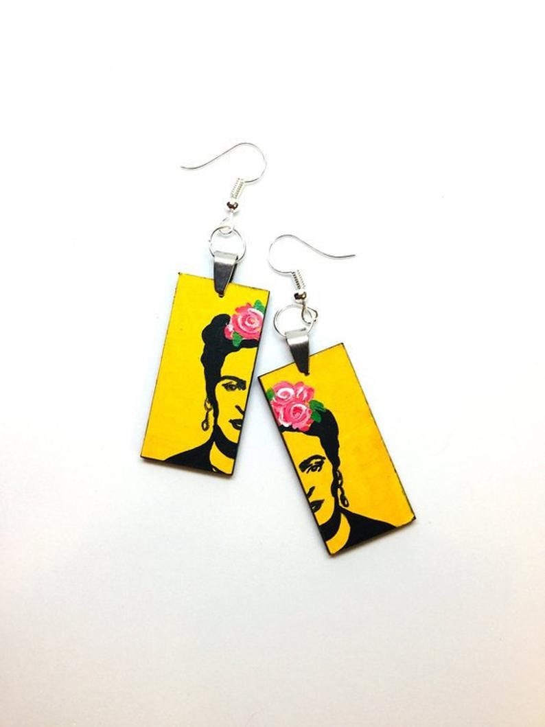 Frida Earrings Jewelry Frida Inspired Earrings Stencil ArtWear Wearable Art Mexican Jewelry Women Dangle Drop Earrings Hand Painted Yellow