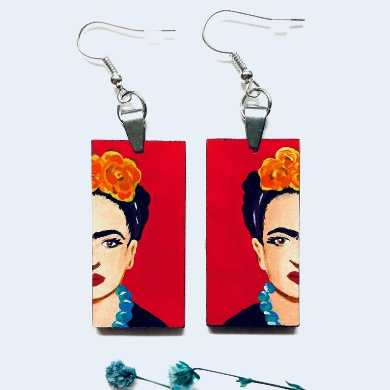 Red Hand Painted Frida Earrings Women Frida Inspired Dangle Drop Earrings Mexican Jewelry Artwear Wearable Art Mujer Aretes Fridalovers Gift