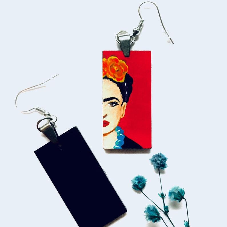 Red Hand Painted Frida Earrings Women Frida Inspired Dangle Drop Earrings Mexican Jewelry Artwear Wearable Art Mujer Aretes Fridalovers Gift