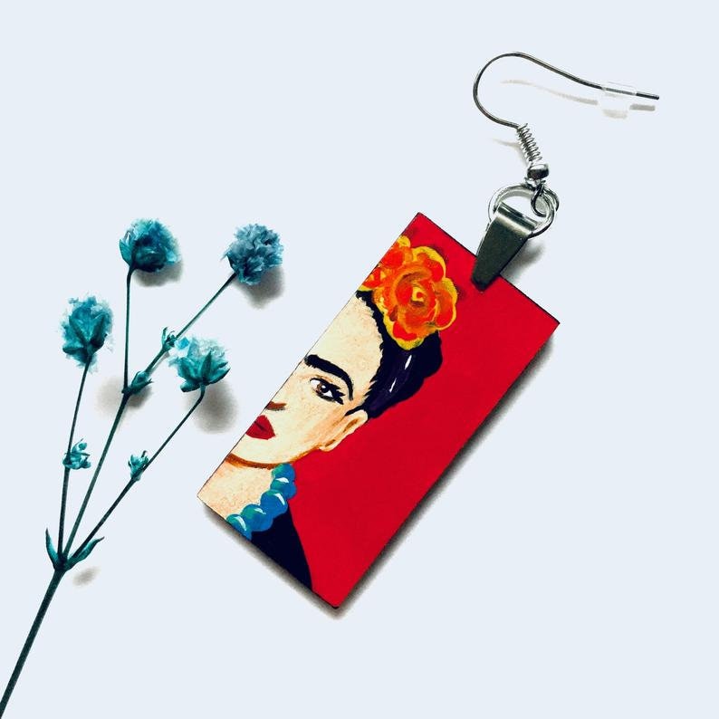Red Hand Painted Frida Earrings Women Frida Inspired Dangle Drop Earrings Mexican Jewelry Artwear Wearable Art Mujer Aretes Fridalovers Gift