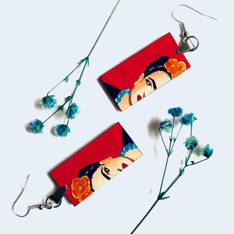 Red Hand Painted Frida Earrings Women Frida Inspired Dangle Drop Earrings Mexican Jewelry Artwear Wearable Art Mujer Aretes Fridalovers Gift