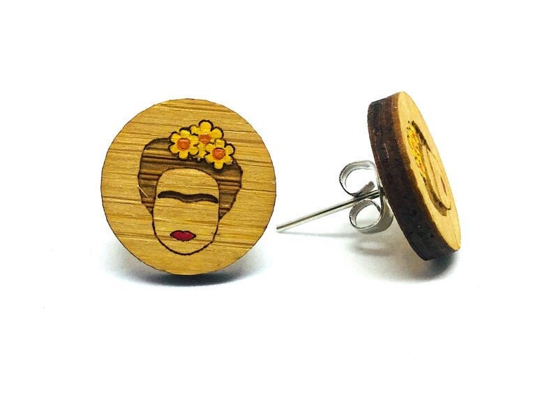 Bamboo Yellow Floral Frida Earrings Girl Stud Frida Inspired Earrings Mexican Jewelry Art to Wear Aretes Wearable Art Mini Stud Lase Cut