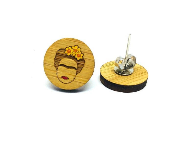 Bamboo Yellow Floral Frida Earrings Girl Stud Frida Inspired Earrings Mexican Jewelry Art to Wear Aretes Wearable Art Mini Stud Lase Cut
