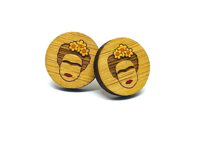 Bamboo Yellow Floral Frida Earrings Girl Stud Frida Inspired Earrings Mexican Jewelry Art to Wear Aretes Wearable Art Mini Stud Lase Cut