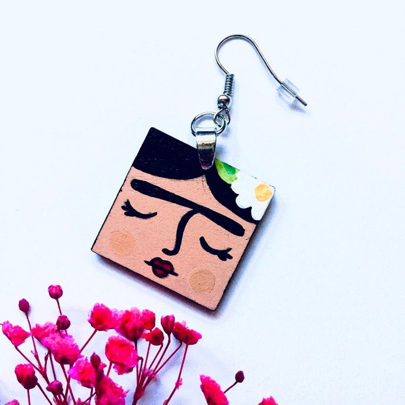 Hand Painted Square Wooden Frida Earrings Girl Dangle Drop Earrings Frida Aretes Mexican Jewelry ArtWear Wearable Art Fridalovers Gift Idea
