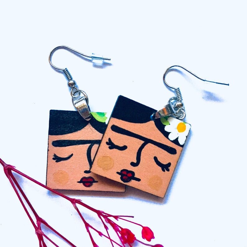 Hand Painted Square Wooden Frida Earrings Girl Dangle Drop Earrings Frida Aretes Mexican Jewelry ArtWear Wearable Art Fridalovers Gift Idea