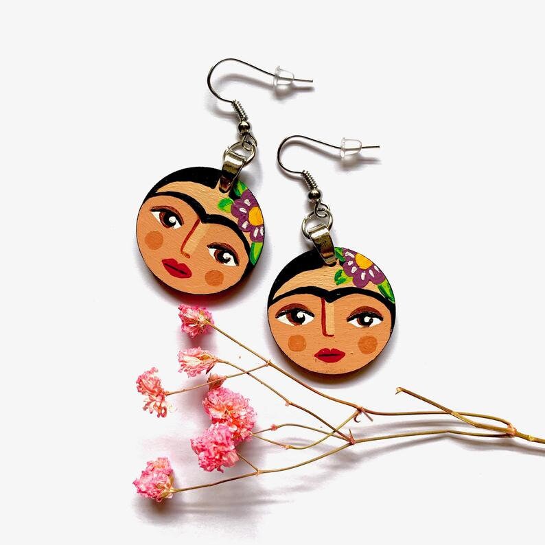 Floral Hand Painted Frida Earrings Girl Wooden Dangle Drop Earrings Wearable Art Mexican Jewelry Fridalovers Artwear Circle Wooden Earrings