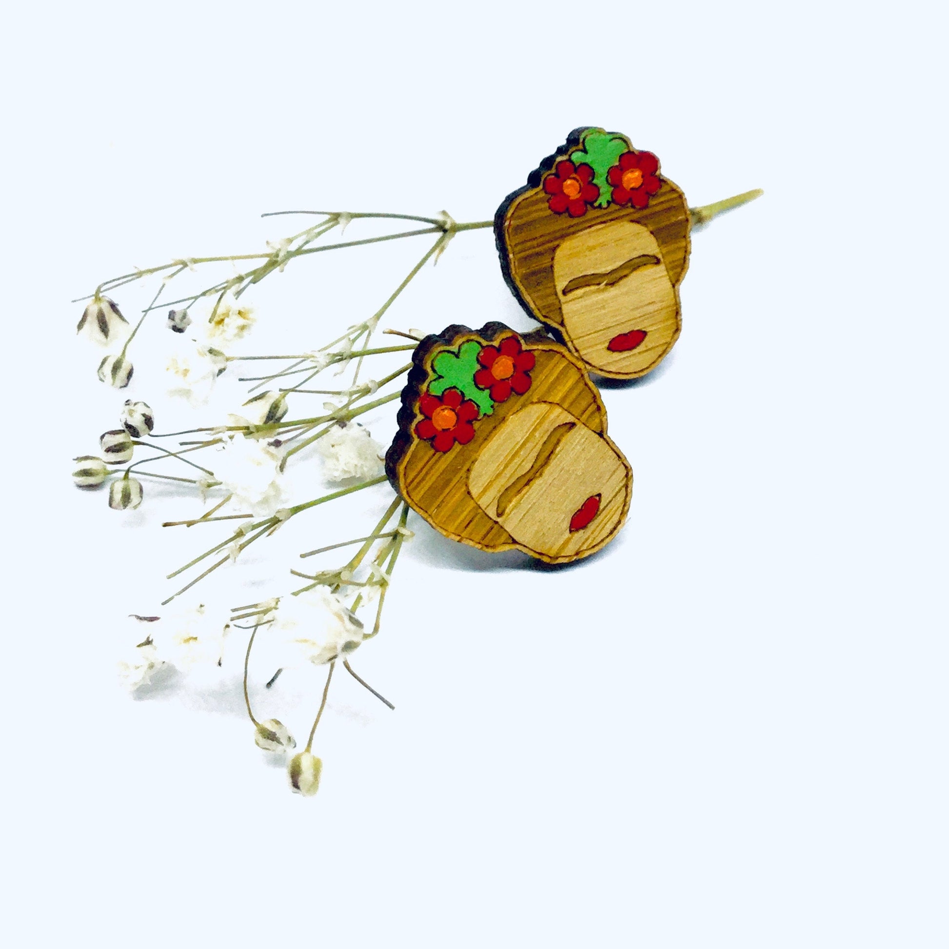 Bamboo Frida Earrings Hand Painted Red Floral Wooden Frida Inspired Earrings Mexican Jewelry Wearable Art Aretes Girl Stud Earrings Artwear