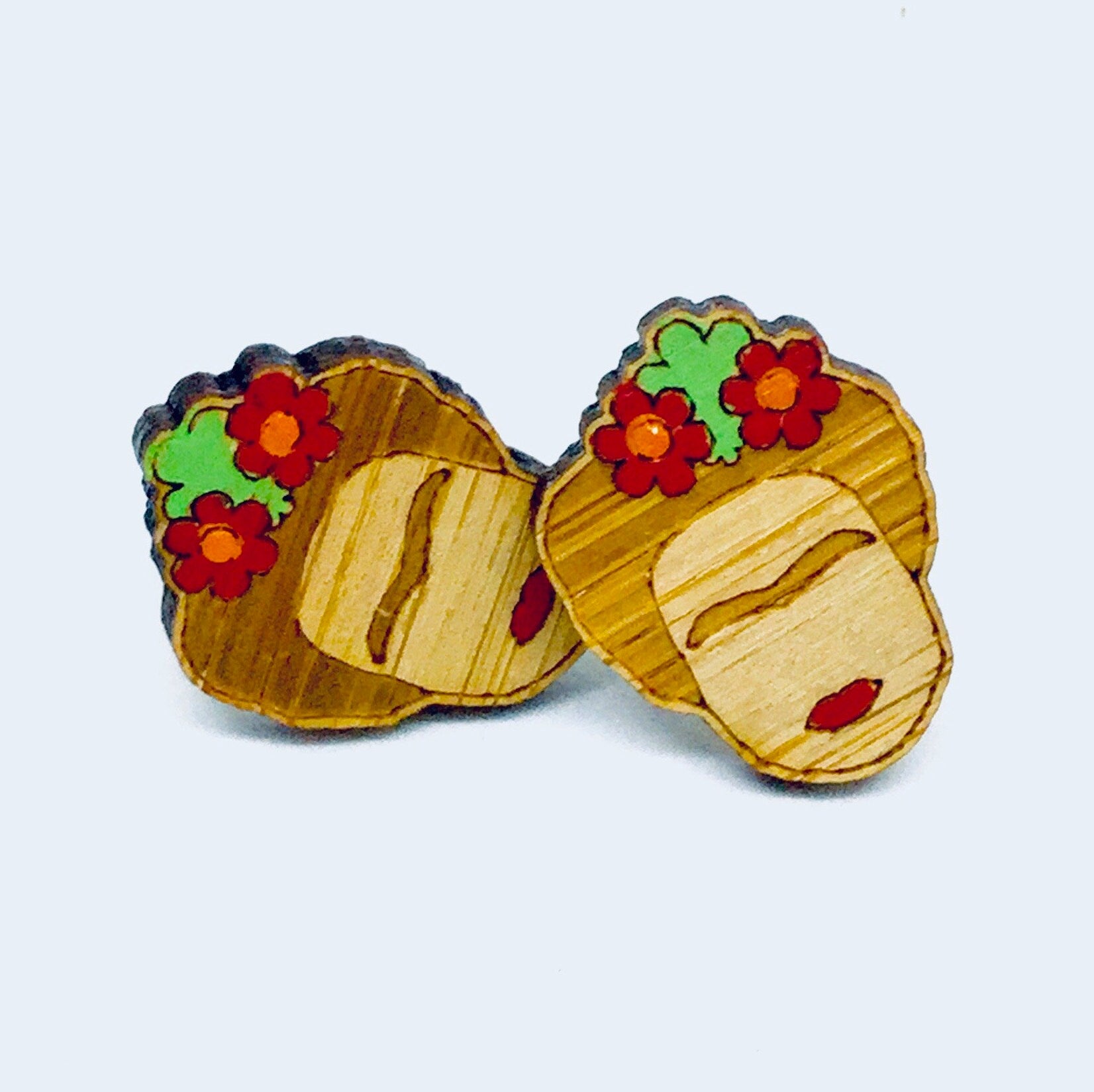 Bamboo Frida Earrings Hand Painted Red Floral Wooden Frida Inspired Earrings Mexican Jewelry Wearable Art Aretes Girl Stud Earrings Artwear