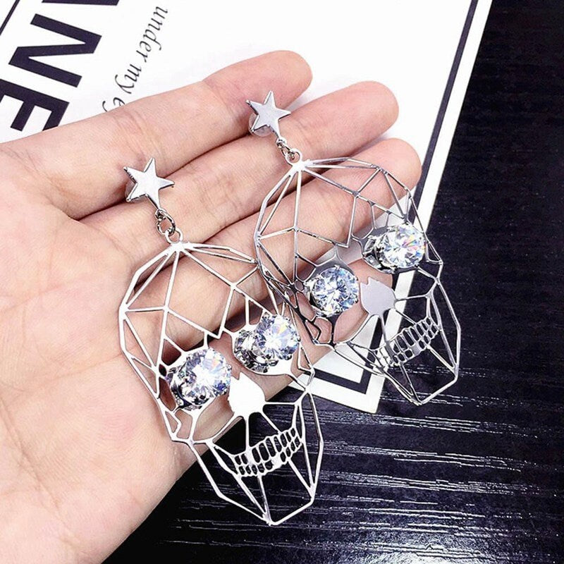 Silver Skull Earrings Hollow Skeleton Fashion Statement Women Swinging Pendant Aretes Calavera de Mujer Color Plata Mexican Inspired Jewelry