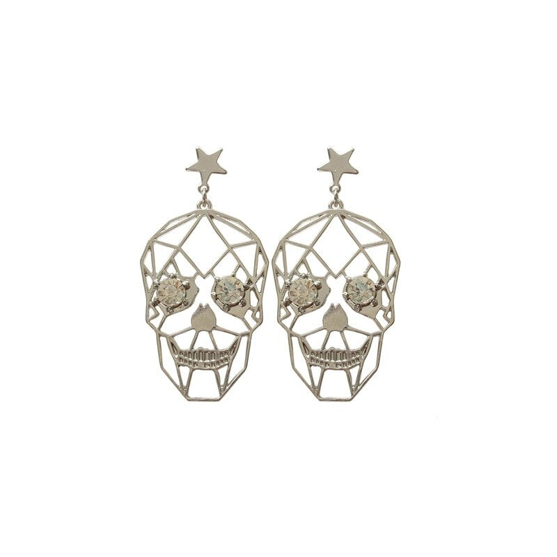 Silver Skull Earrings Hollow Skeleton Fashion Statement Women Swinging Pendant Aretes Calavera de Mujer Color Plata Mexican Inspired Jewelry