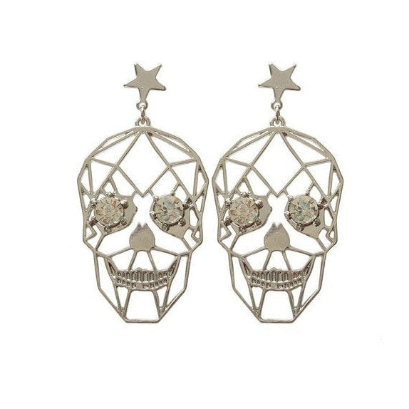 Silver Skull Earrings Hollow Skeleton Fashion Statement Women Swinging Pendant Aretes Calavera de Mujer Color Plata Mexican Inspired Jewelry