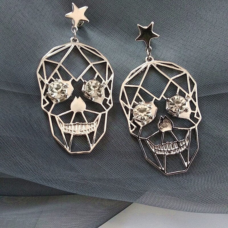 Silver Skull Earrings Hollow Skeleton Fashion Statement Women Swinging Pendant Aretes Calavera de Mujer Color Plata Mexican Inspired Jewelry