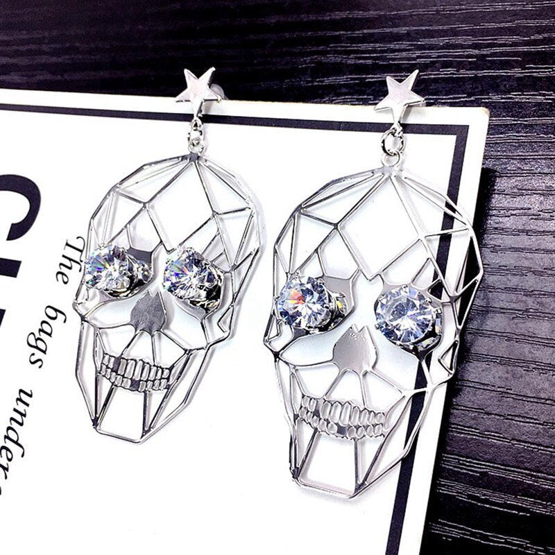Silver Skull Earrings Hollow Skeleton Fashion Statement Women Swinging Pendant Aretes Calavera de Mujer Color Plata Mexican Inspired Jewelry