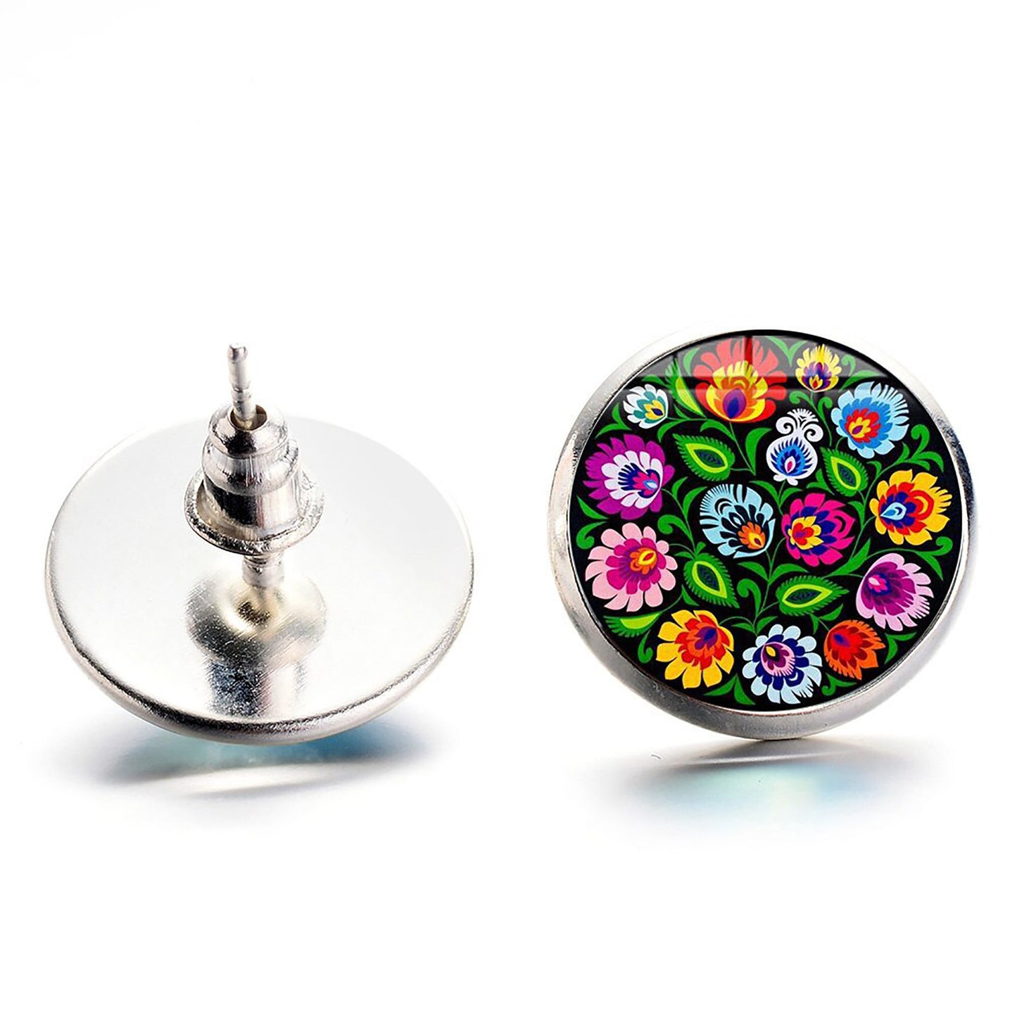 Silver Floral Stud Cabochon Earrings Colorful Mexican FolkArt Jewelry Style Women Spring Fashion Aretes Florales Arte Popular Mexicano Mujer