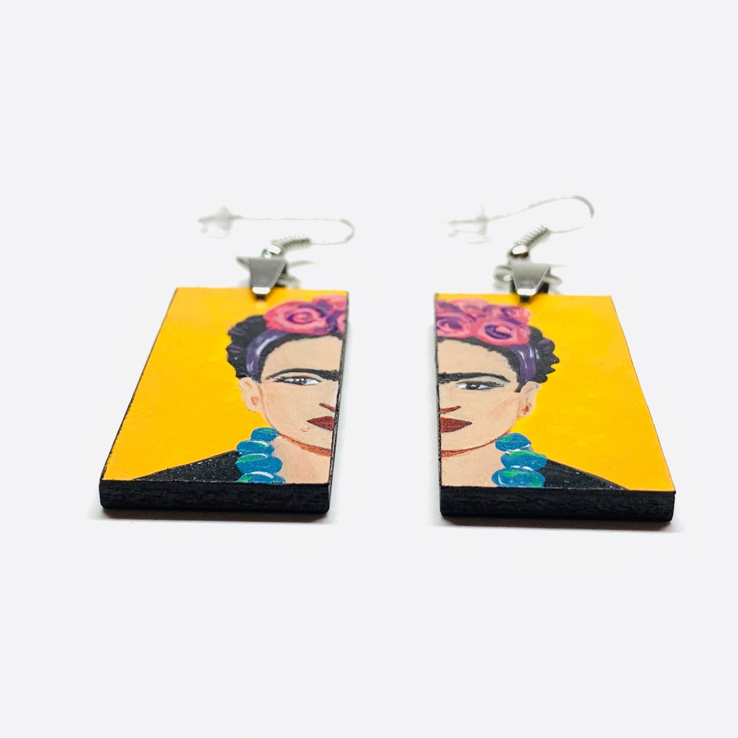 Yellow Floral Frida Earrings Hand Painted Frida Inspired Earrings Girl Dangle Drop Earrings Mexican Jewelry Artwear Earrings Mujer Aretes