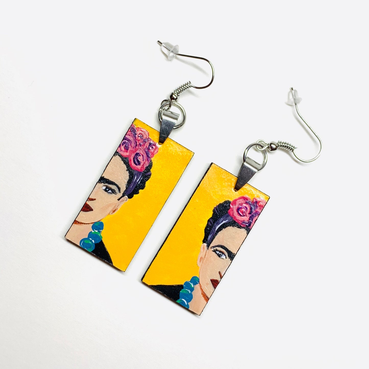 Yellow Floral Frida Earrings Hand Painted Frida Inspired Earrings Girl Dangle Drop Earrings Mexican Jewelry Artwear Earrings Mujer Aretes