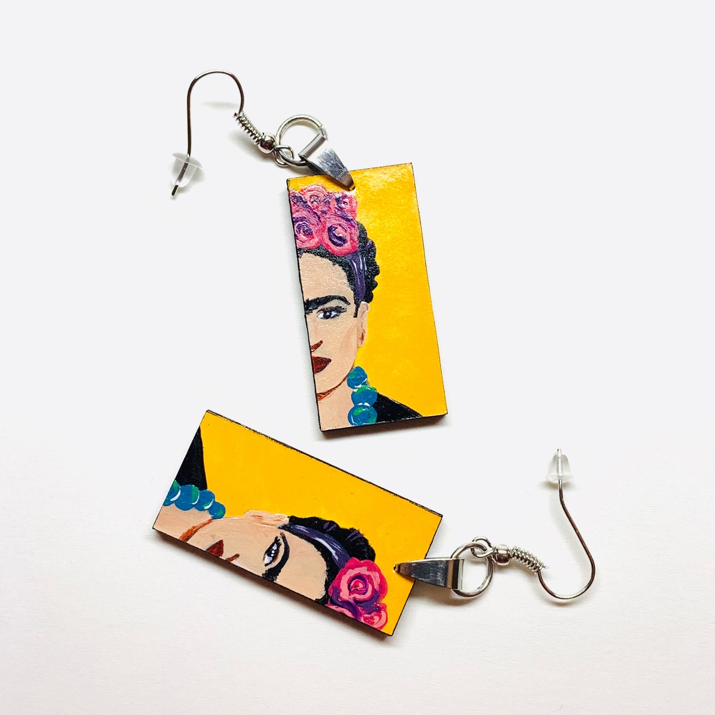 Yellow Floral Frida Earrings Hand Painted Frida Inspired Earrings Girl Dangle Drop Earrings Mexican Jewelry Artwear Earrings Mujer Aretes