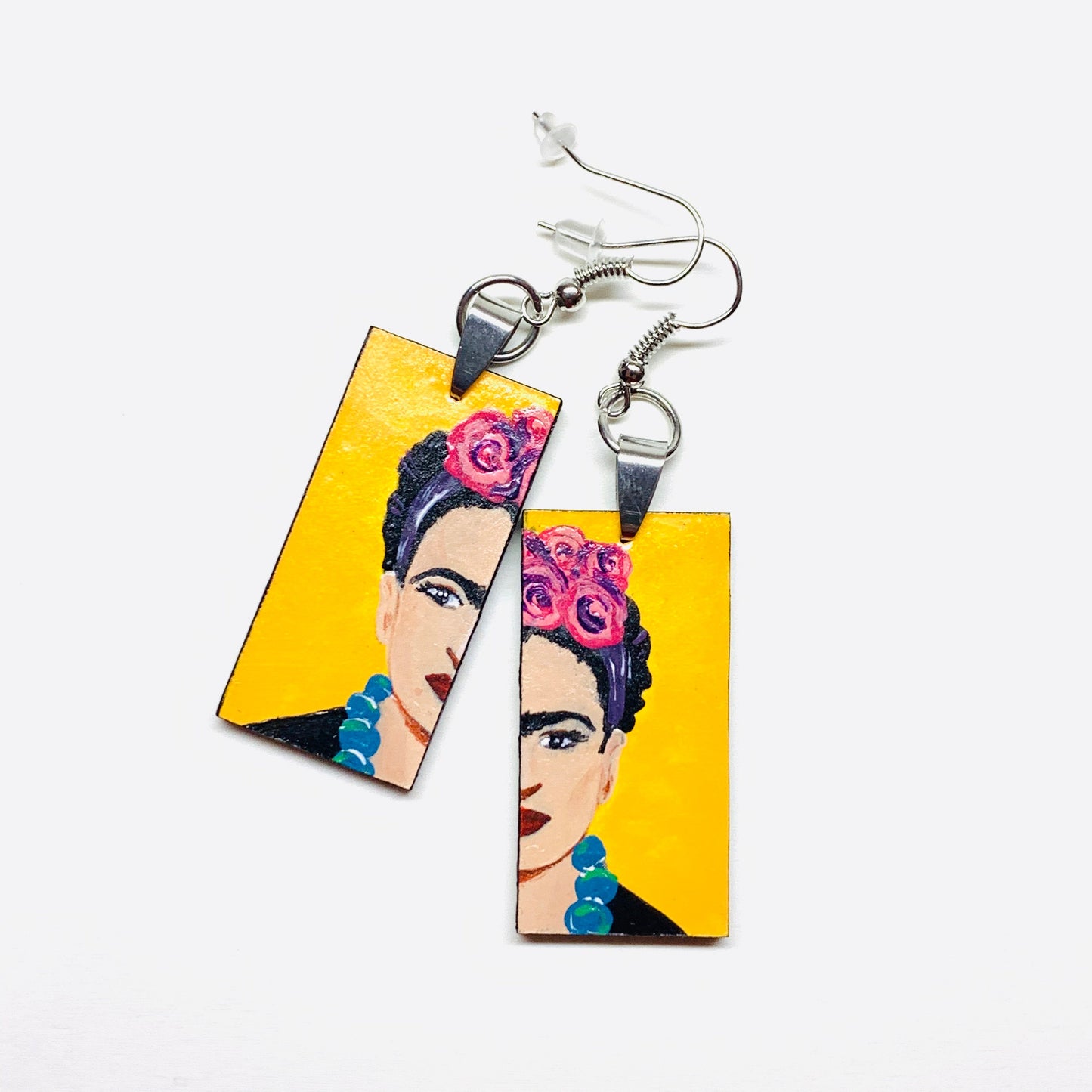 Yellow Floral Frida Earrings Hand Painted Frida Inspired Earrings Girl Dangle Drop Earrings Mexican Jewelry Artwear Earrings Mujer Aretes
