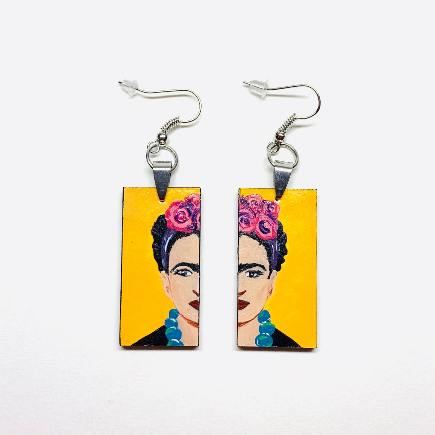Yellow Floral Frida Earrings Hand Painted Frida Inspired Earrings Girl Dangle Drop Earrings Mexican Jewelry Artwear Earrings Mujer Aretes