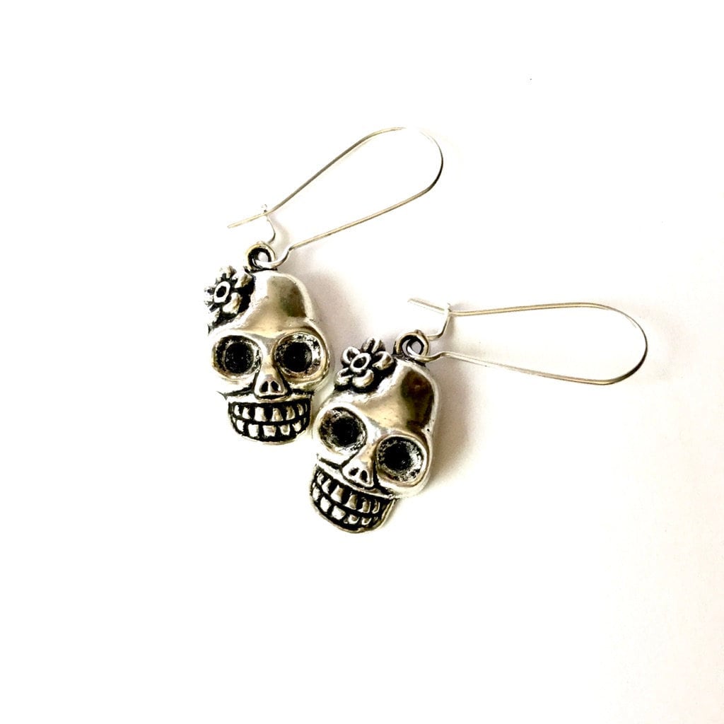 Silver Skull Earrings, Skeleton Earrings, Flowered Skull Earrings, Mexican Jewelry Skull with Flower Earrings, Women Earrings, Girl Earrings