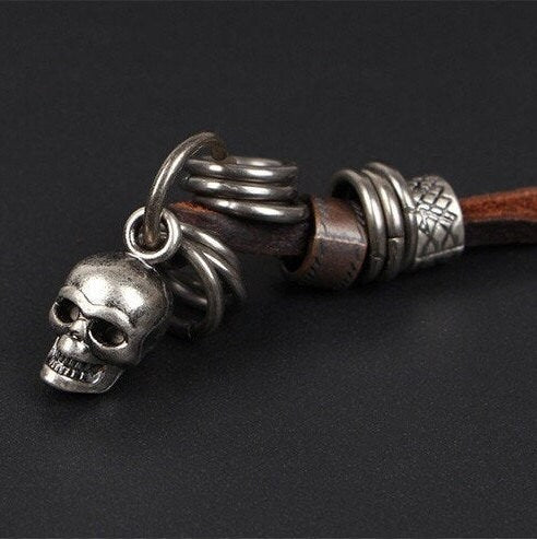 Stainless Steel Tone Skull Charm Brown Leather Necklace Strap Adjustable Rustic Silver Skull Skeleton Jewelry Accessories Men Birthday Gift
