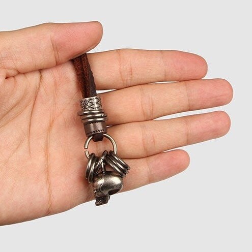 Stainless Steel Tone Skull Charm Brown Leather Necklace Strap Adjustable Rustic Silver Skull Skeleton Jewelry Accessories Men Birthday Gift