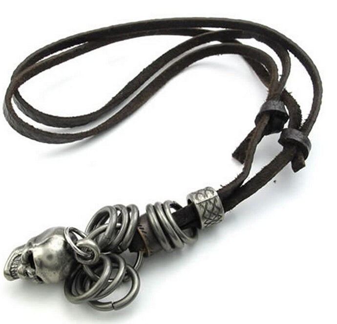 Stainless Steel Tone Skull Charm Brown Leather Necklace Strap Adjustable Rustic Silver Skull Skeleton Jewelry Accessories Men Birthday Gift