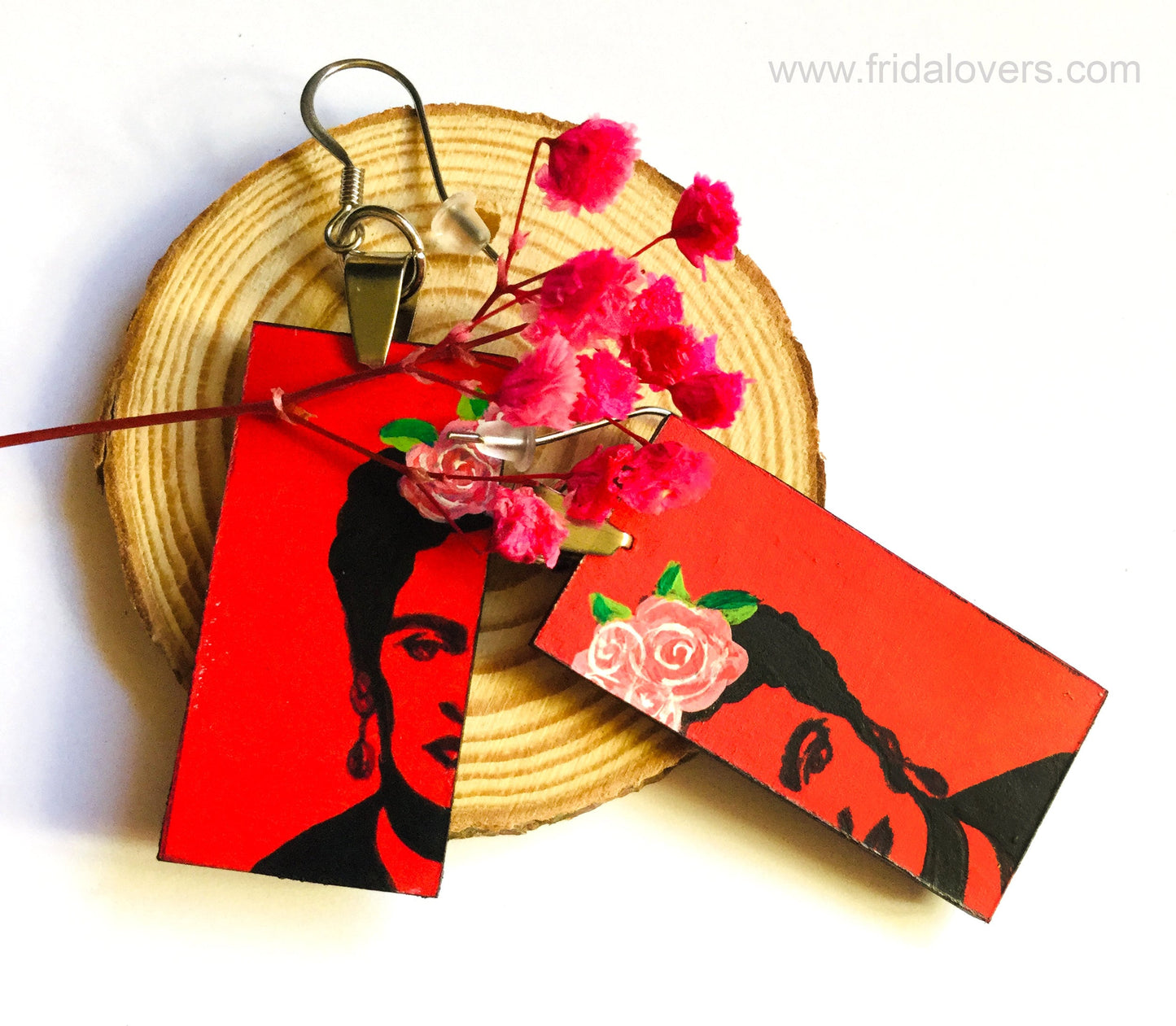 Red Frida Earrings Hand Painted Wooden Frida Earrings Stencil Art Women Dangle Earrings Mexican Jewelry Birthday Fridalovers Gift Fridamania