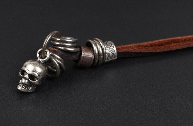 Stainless Steel Tone Skull Charm Brown Leather Necklace Strap Adjustable Rustic Silver Skull Skeleton Jewelry Accessories Men Birthday Gift