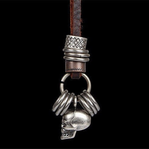 Stainless Steel Tone Skull Charm Brown Leather Necklace Strap Adjustable Rustic Silver Skull Skeleton Jewelry Accessories Men Birthday Gift