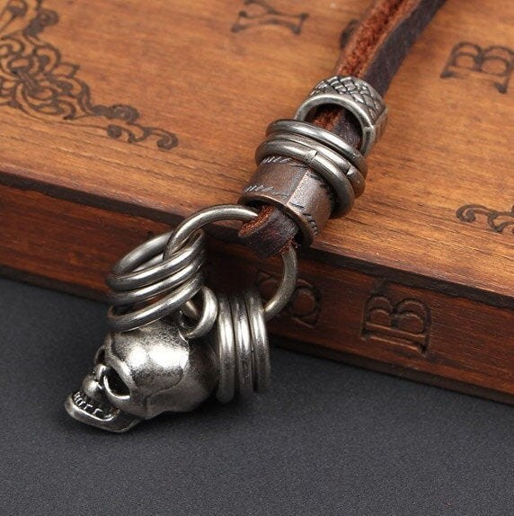 Stainless Steel Tone Skull Charm Brown Leather Necklace Strap Adjustable Rustic Silver Skull Skeleton Jewelry Accessories Men Birthday Gift