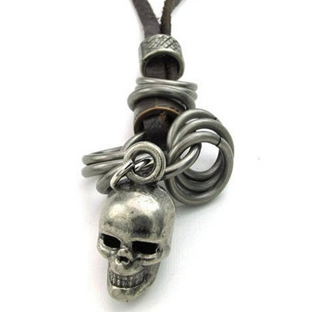 Stainless Steel Tone Skull Charm Brown Leather Necklace Strap Adjustable Rustic Silver Skull Skeleton Jewelry Accessories Men Birthday Gift