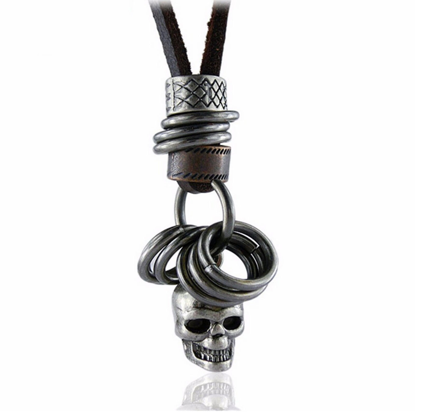 Stainless Steel Tone Skull Charm Brown Leather Necklace Strap Adjustable Rustic Silver Skull Skeleton Jewelry Accessories Men Birthday Gift