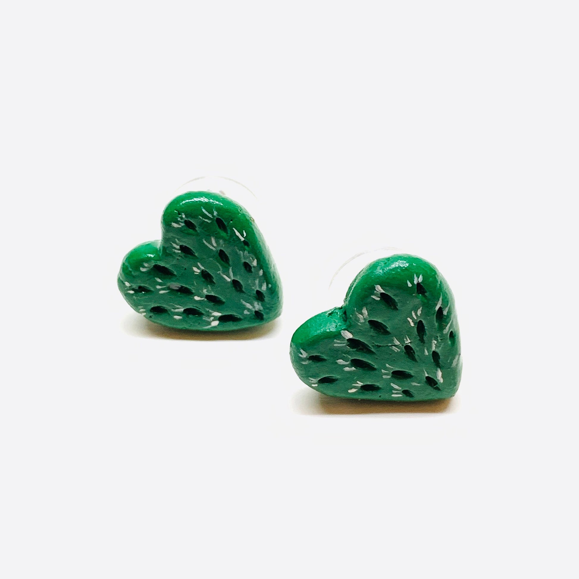 Lovely Multi-Punctured-Carved Cactus Heart Stud Earrings Clay Jewelry Mexico Folk ArtToWear Birthday Gift Idea Girls Women Claywelry Aretes