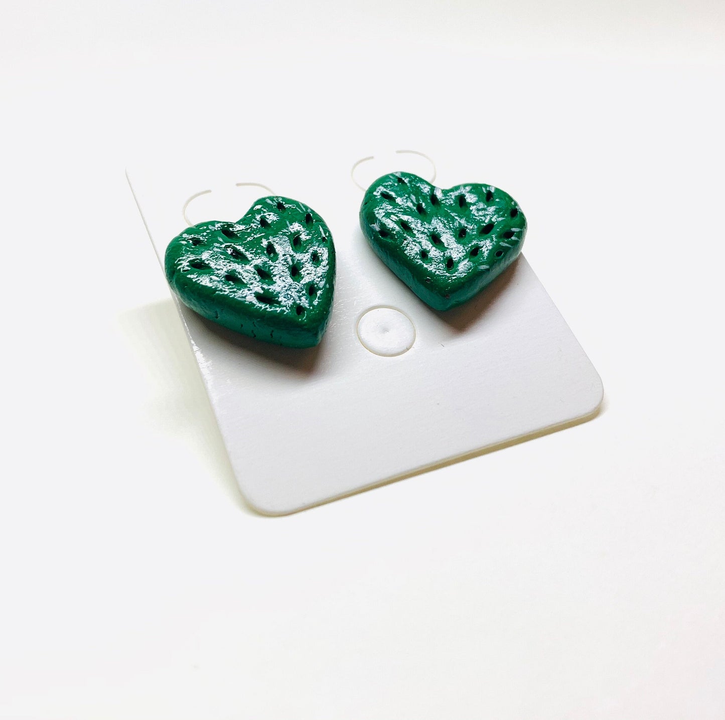 Lovely Multi-Punctured-Carved Cactus Heart Stud Earrings Clay Jewelry Mexico Folk ArtToWear Birthday Gift Idea Girls Women Claywelry Aretes