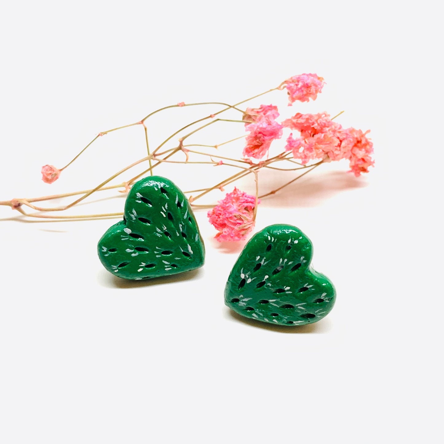 Lovely Multi-Punctured-Carved Cactus Heart Stud Earrings Clay Jewelry Mexico Folk ArtToWear Birthday Gift Idea Girls Women Claywelry Aretes