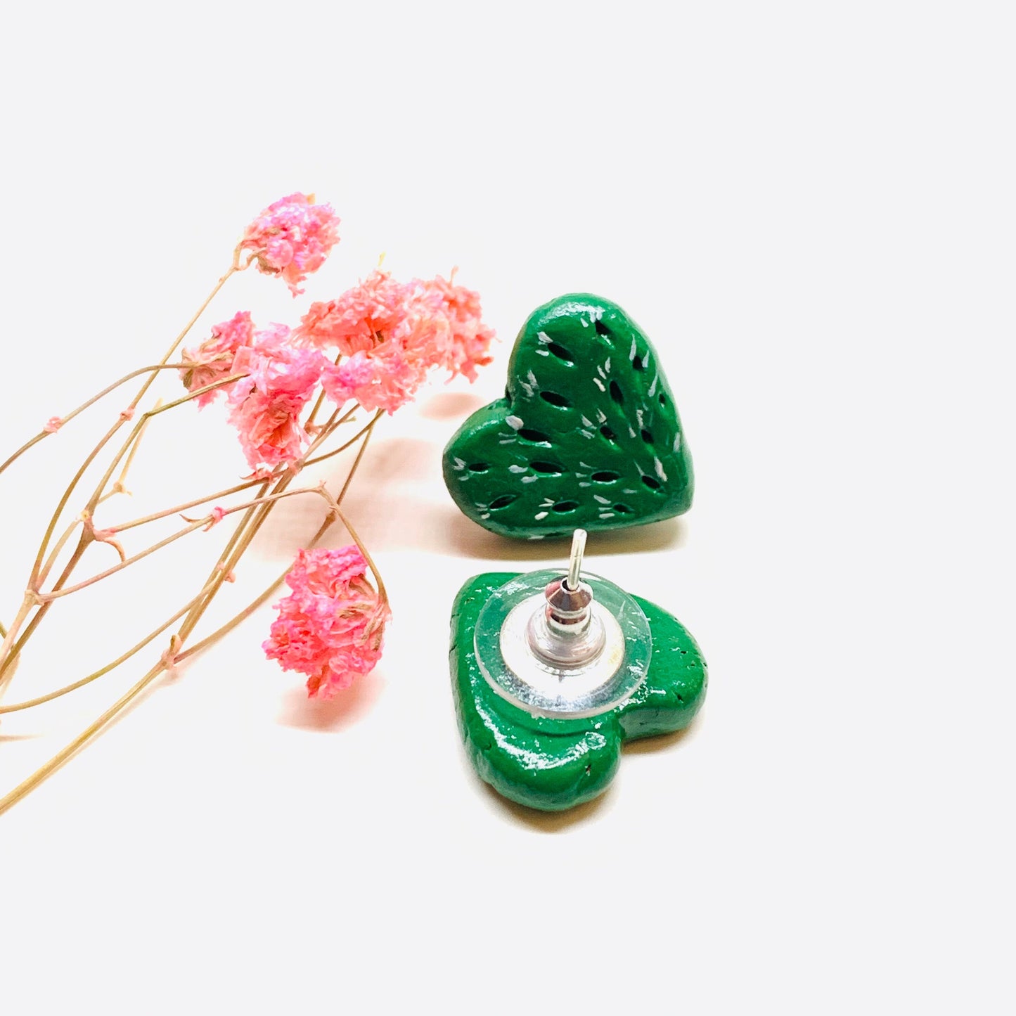 Lovely Multi-Punctured-Carved Cactus Heart Stud Earrings Clay Jewelry Mexico Folk ArtToWear Birthday Gift Idea Girls Women Claywelry Aretes