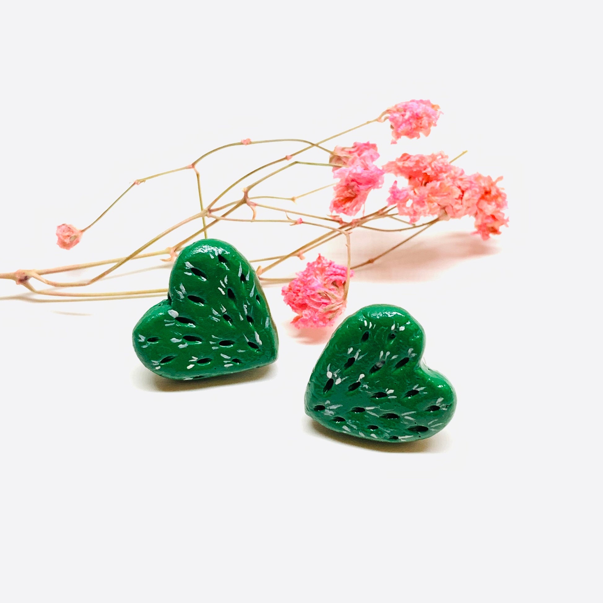 Lovely Multi-Punctured-Carved Cactus Heart Stud Earrings Clay Jewelry Mexico Folk ArtToWear Birthday Gift Idea Girls Women Claywelry Aretes