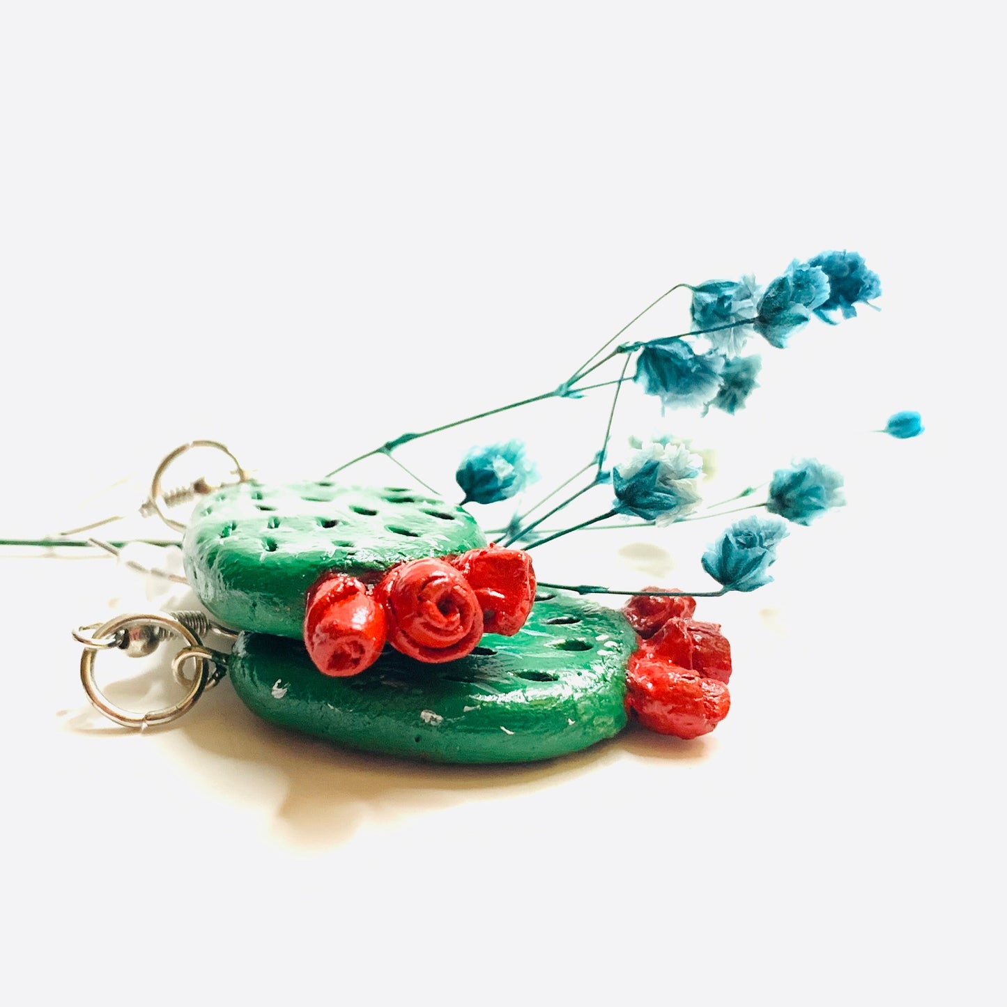 Glamorous Carved Cactus Earrings Clay Jewelry Mexico Red Flowers Folk ArtWear Fashion Summer Girls Women Gift Aretes Nopales Mujer Claywelry