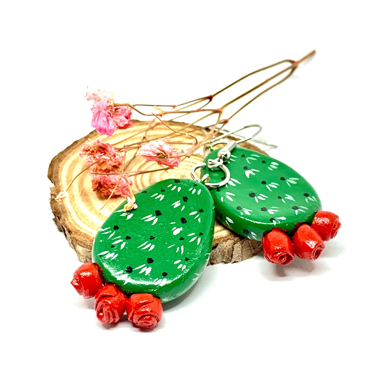 Trendy Clay Cactus Earrings Ethnic Artisan Desiged Hand Painted Mexico Art to Wear Girl Fashion Food Jewelry Mexican Nopales Aretes de Mujer