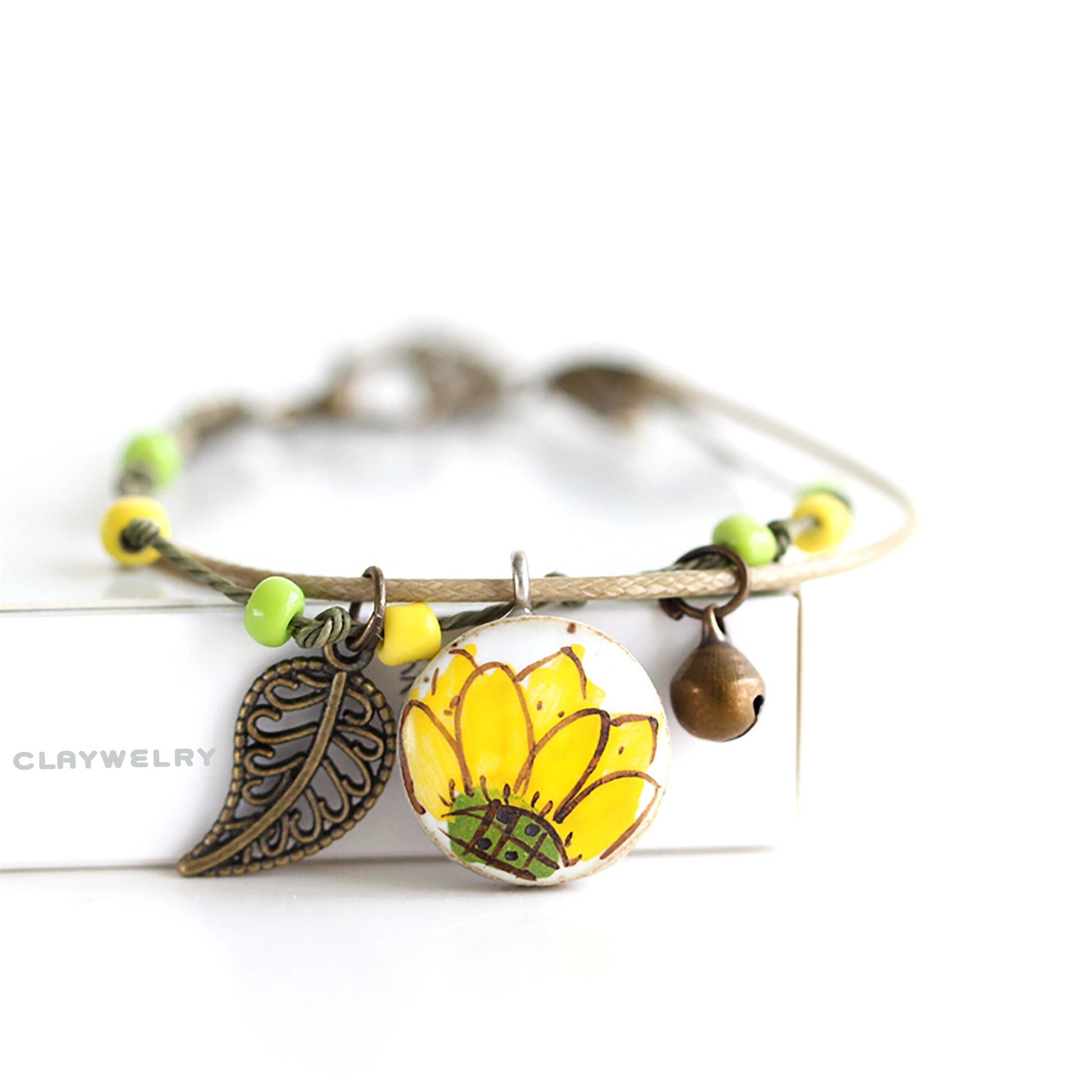 Sunflower Clay Bracelet Antique Bronze Ornaments Handmande and HandPainted Mexican Ceramic Jewelry Wearable Art Brazalete Girasol Girl Gift