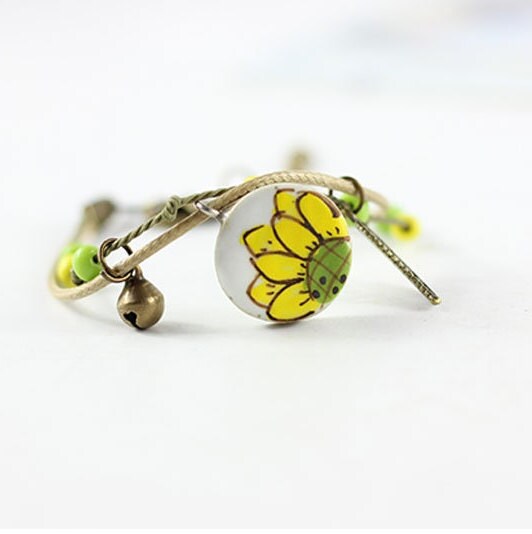 Sunflower Clay Bracelet Antique Bronze Ornaments Handmande and HandPainted Mexican Ceramic Jewelry Wearable Art Brazalete Girasol Girl Gift