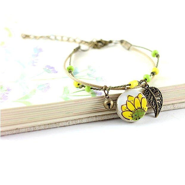 Sunflower Clay Bracelet Antique Bronze Ornaments Handmande and HandPainted Mexican Ceramic Jewelry Wearable Art Brazalete Girasol Girl Gift