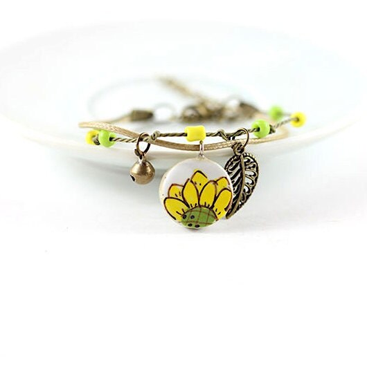 Sunflower Clay Bracelet Antique Bronze Ornaments Handmande and HandPainted Mexican Ceramic Jewelry Wearable Art Brazalete Girasol Girl Gift