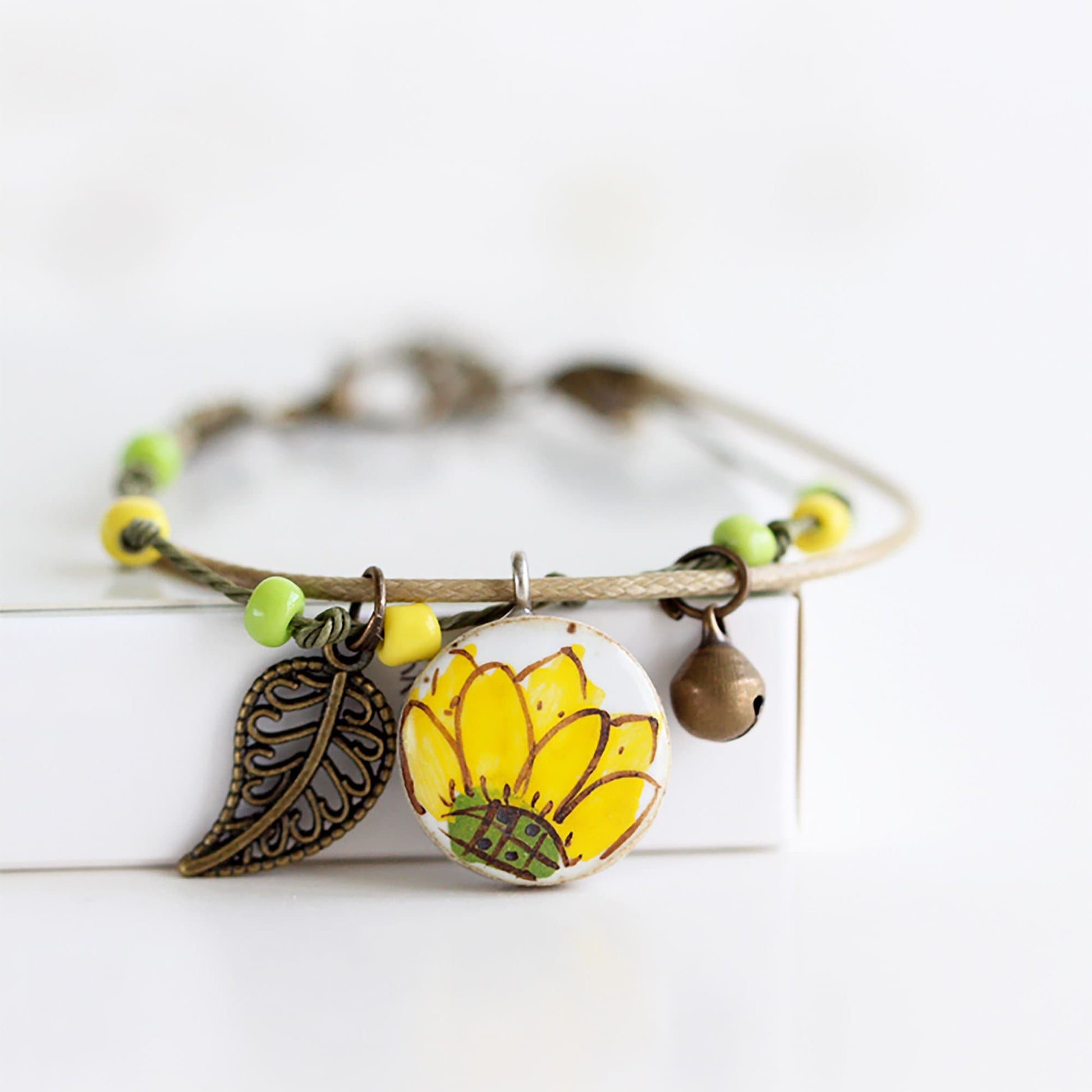 Sunflower Clay Bracelet Antique Bronze Ornaments Handmande and HandPainted Mexican Ceramic Jewelry Wearable Art Brazalete Girasol Girl Gift