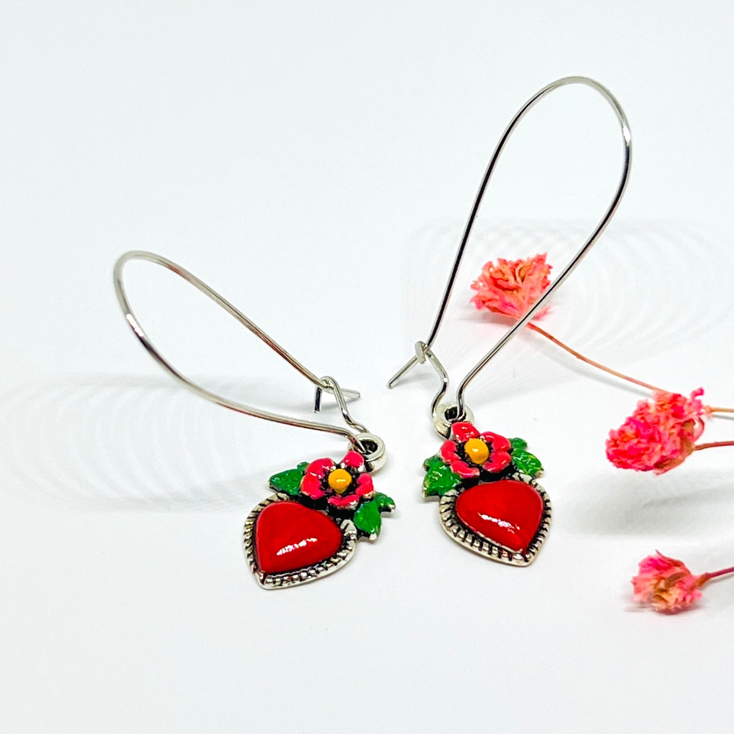 Silver Plated Long Kidney Ear Wires Heart Earrings HandPainted Vintage Style Flowered Hearts Cute Original Girl Woman Gift for Her Christmas